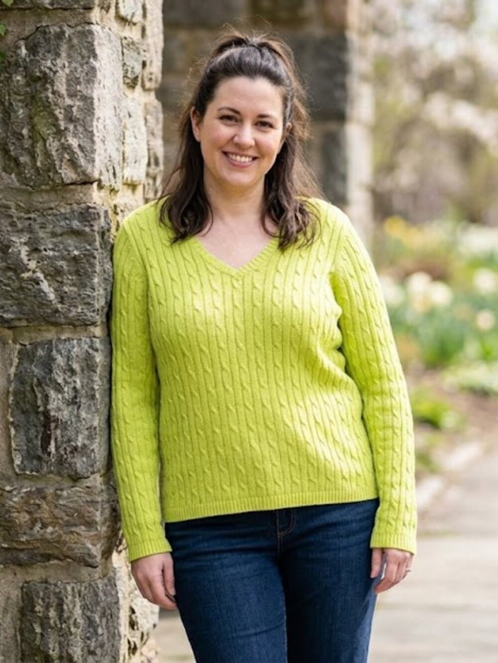 St. John’s Bay Neon Lime Green Cable Knit V-Neck Sweater XL